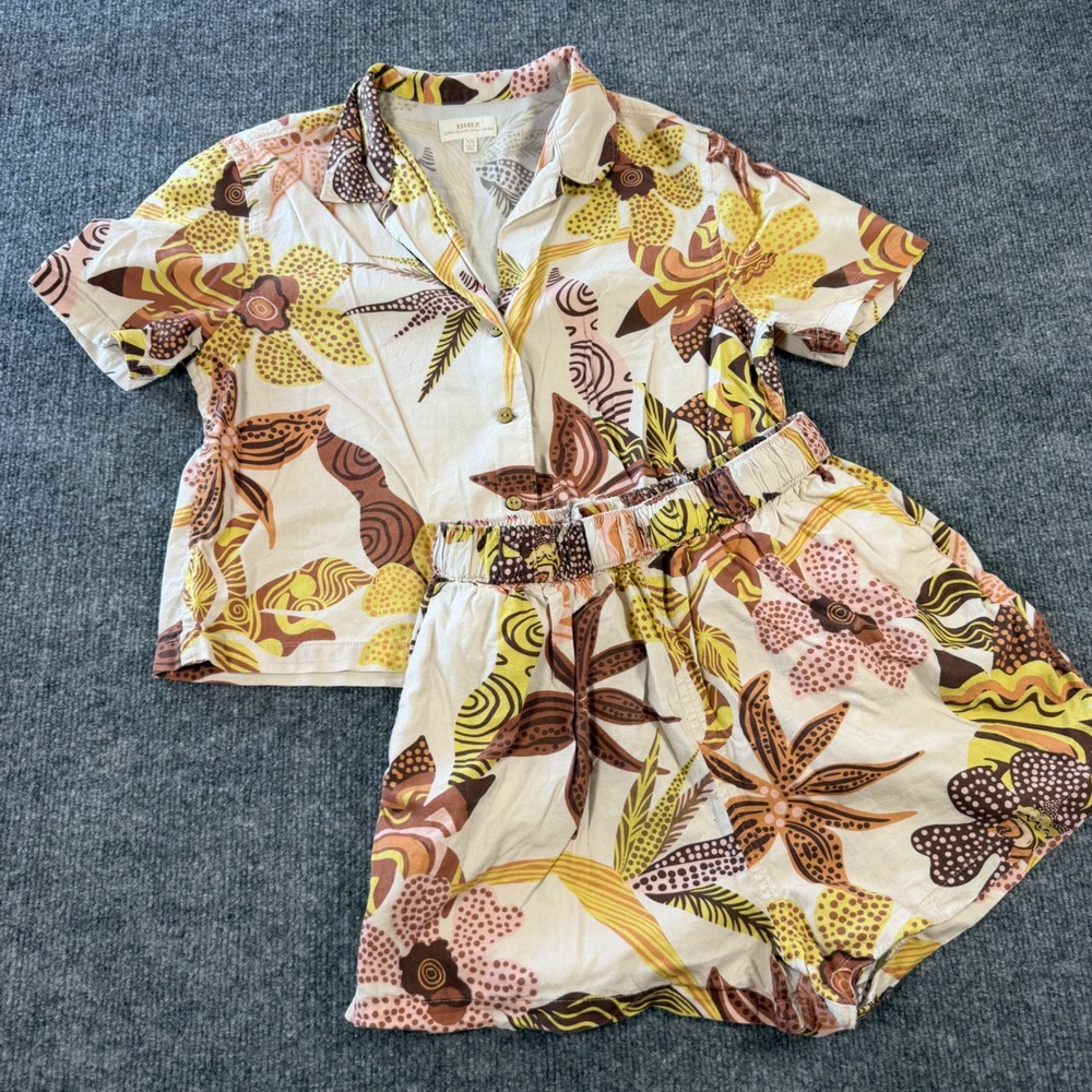 Modern Roark Floral Short Sleeve Button Up & Shorts Set Cotton Tan Multi Size XS